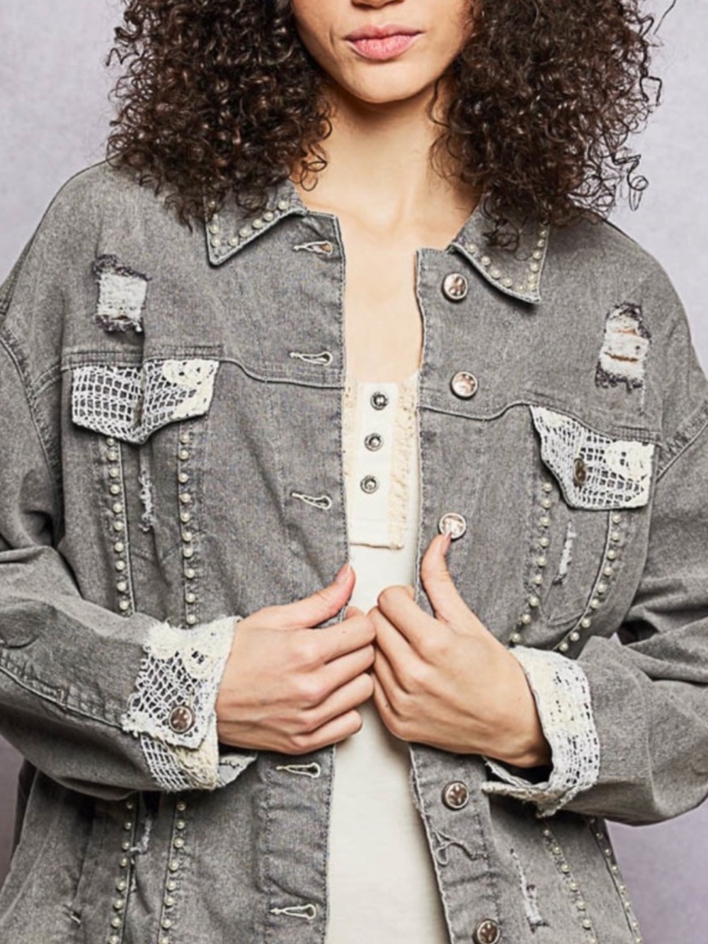 💕POL Distressed Gray Women's Denim Jacket with Pearl Accent - Picture 2 of 10